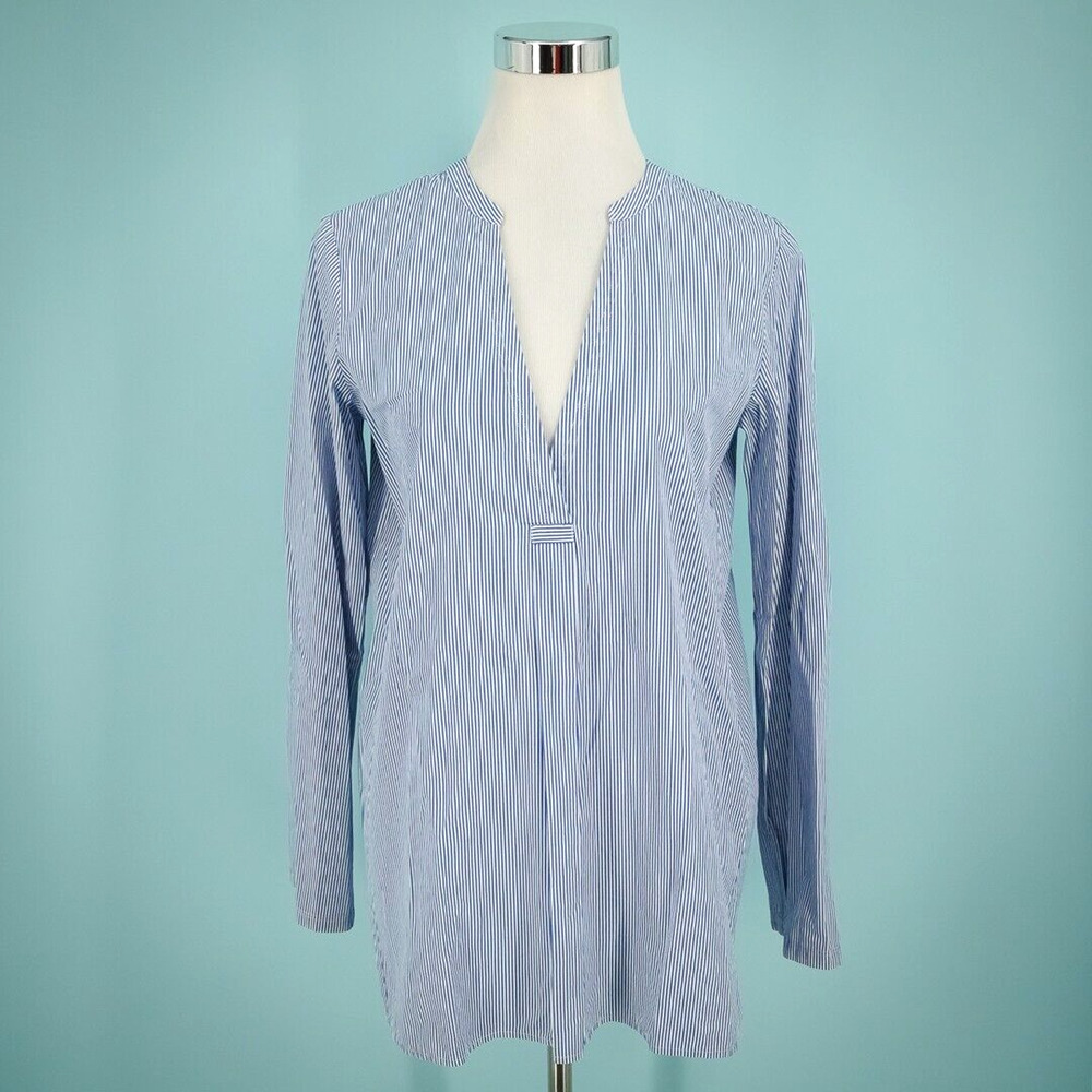 Theory Size Medium M Blue Ofeliah Taff Stripe Long Sleeve Split Back Tunic Top